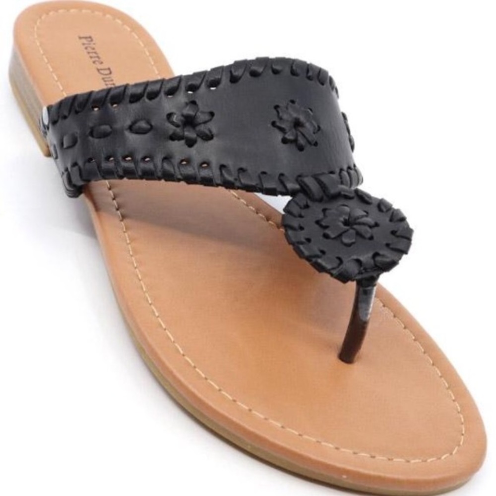 Pierre Dumais. Black vegan leather, flat, comfortable thong sandals. New in box